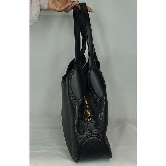 Black Pebbled Leather Shoulder Bag 3 Compartment Tote w/ Gold Zipper & Monogram - Picture 7 of 7